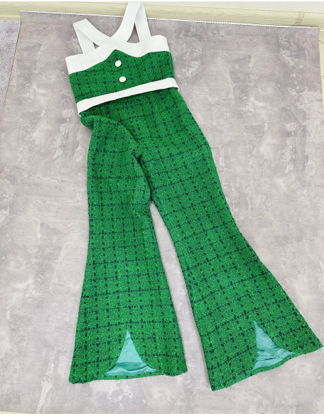 Grass green tweed girls pageant jumpsuit with white accents/ Girls interview outfit/ Pageant casual wear/ Custom pageant outfit