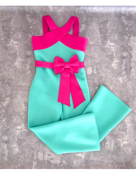 Mint girl neoprene jumpsuit with hot pink details and bow belt/ Scuba romper/ Girls casual wear/ Neoprene romper/ Custom pageant outfit