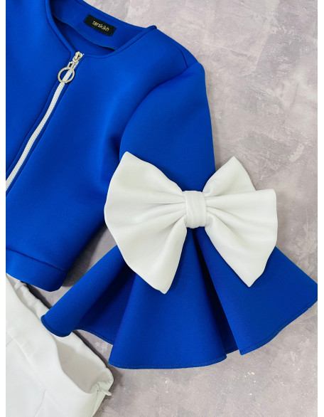 Royal blue and white girls suit with jacket bell sleeves and shorts/ Casual pageant outfit/ Girls casual wear/Scuba suit/ Custom outfit