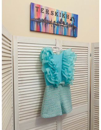 Mint turquoise tweed girls pageant romper with organza ruffles/ Girls casual outfit/ Pageant casual wear/ Custom pageant outfit