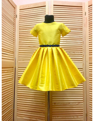 Hot yellow pageant taffeta interview dress with sleeves/ Royal blue rhinestones belt/ Girl Interview outfit/ Custom pageant dress