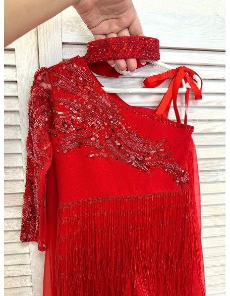 Bright red beaded fringes pageant fun fashion outfit with chiffon cape and one sleeve/ Girls teens custom pageant rhinestones runway outfit