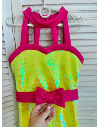 Yellow sequins pageant girls romper with pink bow/ Girls pageant runway outfit/ Fun Fashion/ Custom pageant outfit