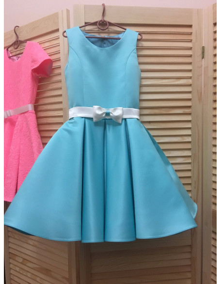 Blue turquoise pageant interview dress with bow belt/ Knee length dress/ Teens Interview outfit /Custom pageant dress