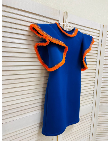 Royal blue girl neoprene scuba dress with ruffle sleeves and hot orange trim/ Interview dress/ Girls casual wear/ Custom pageant outfit