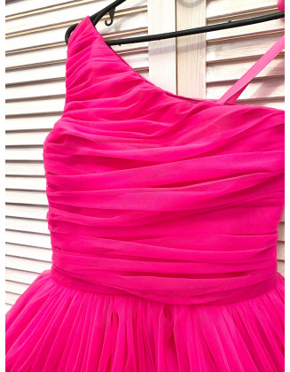 Hot pink tulle high low one shoulder girls dress/ Fun fashion dress/ Runway dress/ Custom pageant dresses