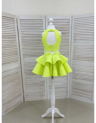 Neon lime yellow neoprene/ scuba girls suit with top and shorts with ruffles/ Girls casual outfit/ Toddler suit/ Custom pageant suit