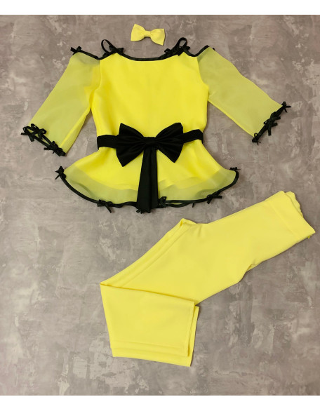 Yellow girls suit with blouse and pants and black trim/ Interview outfit/ Girls casual wear/ Pageant dress/ Casual outfit/ Custom suit