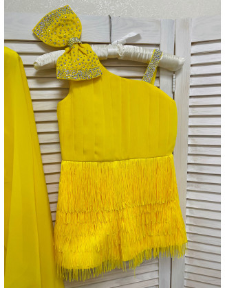 Hot yellow fringes pageant fun fashion outfit with train and romper/ Girls teens pageant outfit/ Runway jumpsuit/  Custom pageant dresses