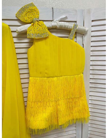 Hot yellow fringes pageant fun fashion outfit with train and romper/ Girls teens pageant outfit/ Runway jumpsuit/  Custom pageant dresses