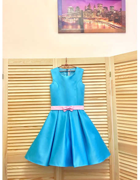 Bright Blue pageant interview cocktail dress with pink belt/ Knee length dress/ Girl Interview outfit/ Pageant wear/ Custom pageant dresses