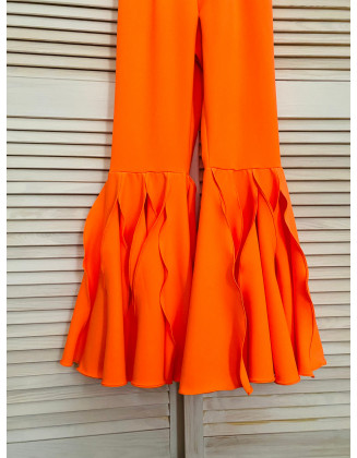 Bright neon orange girls jumpsuit with bell bottoms/ Casual romper/ Girls casual wear/ Ruffles romper/ Custom outfit