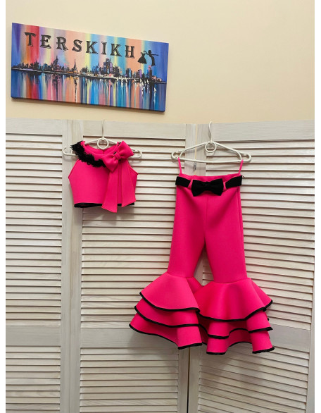 Hot pink neoprene/ scuba girls suit with top and pants and black trim/ Girls casual outfit/ Interview outfit/ Custom pageant suit