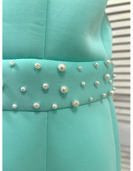 Mint turquoise neoprene scuba dress with ruffle and sleeves/ Interview dress/ Girls beaded dress/ Pageant dress/ Custom pageant outfit