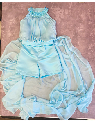 Blue pageant fun fashion outfit with chiffon train and shorts/ Girls teens pageant outfit/ Runway outfit/ Custom pageant dresses