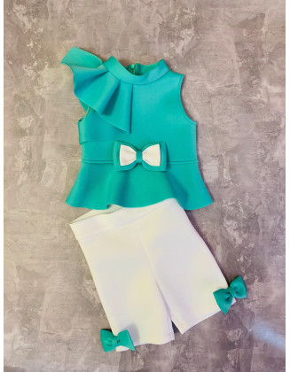 Mint turquoise and white girls suit with top and shorts/ Casual pageant outfit/ Girls casual wear/Scuba suit/ Custom outfit