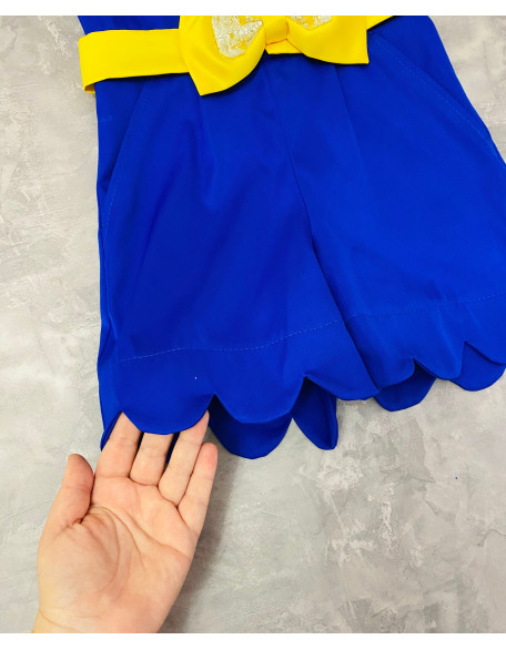 Royal blue girls pageant romper with three bow belts and scrolled bottom/ Girls casual outfit/ Pageant casual wear/ Custom pageant outfit