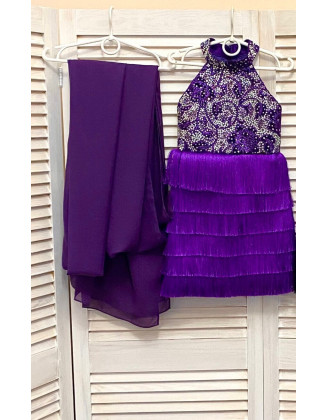 Purple fringes pageant fun fashion outfit with chiffon cape and lace dress/ Girls teens custom pageant rhinestones runway outfit