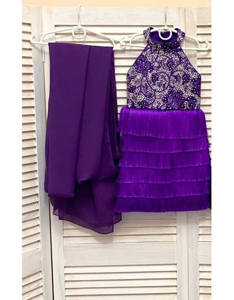 Purple fringes pageant fun fashion outfit with chiffon cape and lace dress/ Girls teens custom pageant rhinestones runway outfit