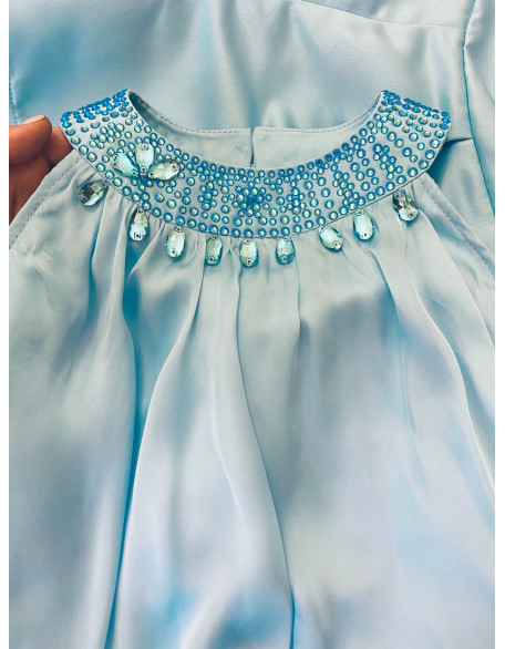 Blue pageant fun fashion outfit with chiffon train and shorts/ Girls teens pageant outfit/ Runway outfit/ Custom pageant dresses