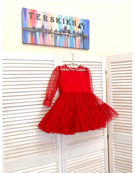 Red polka dots tulle girl pageant cocktail dress with sleeves/ Pageant outfit/ Cocktail dress/  Custom pageant dresses