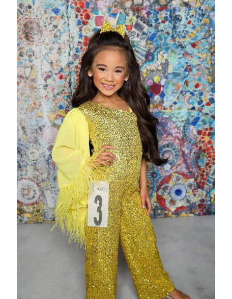 Yellow sequins pageant one sleeve girls jumpsuit with feathers/ Girls pageant runway outfit/ Custom pageant outfit