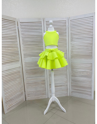 Neon lime yellow neoprene/ scuba girls suit with top and shorts with ruffles/ Girls casual outfit/ Toddler suit/ Custom pageant suit