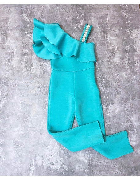 Mint aqua turquoise girl neoprene jumpsuit with ruffle/ Casual romper/ Girls casual wear/ Ruffles romper/ Custom outfit