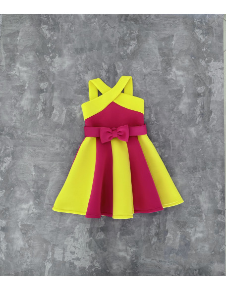 Hot pink and yellow girl neoprene scuba dress with bow belt/ Casual outfit/ Girls casual wear/ Custom pageant outfit