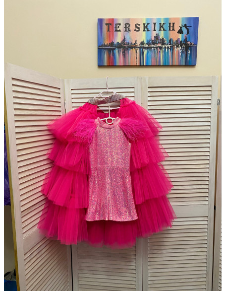 Hot pink pageant fun fashion outfit with sequins romper and tulle train/ Girls teens pageant outfit/ Runway outfit/ Custom pageant dresses