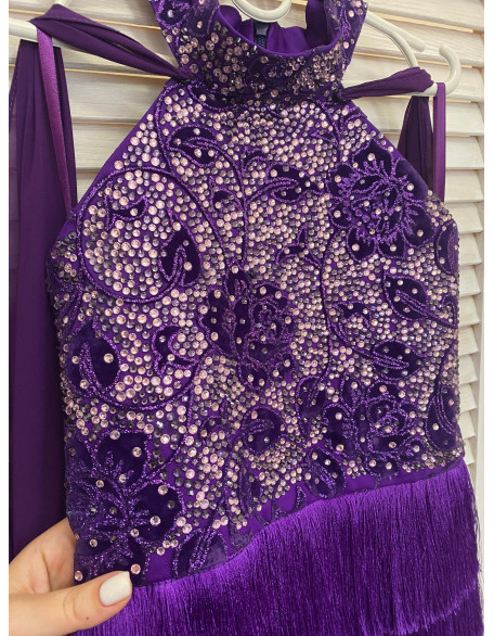 Purple fringes pageant fun fashion outfit with chiffon cape and lace dress/ Girls teens custom pageant rhinestones runway outfit