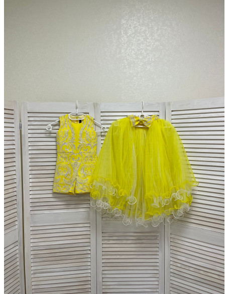 Hot yellow glitter pageant fun fashion outfit with train and romper/ Girls teens pageant outfit/ Runway jumpsuit/  Custom pageant dresses