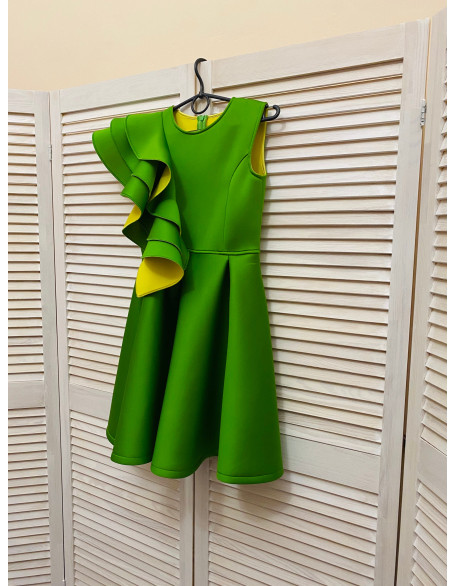 Green yellow girl neoprene scuba dress with ruffles/ Interview pageant dress/Girls pageant wear/ Ruffles dress/ Custom pageant outfit