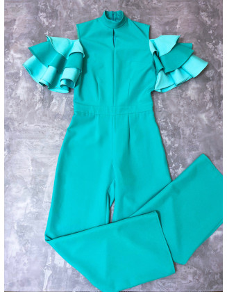 Mint and turquoise pageant jumpsuit/ Cold Shoulders jumpsuit/ Ruffles Turquoise romper/ Girls Interview outfit/ Pageant casual wear