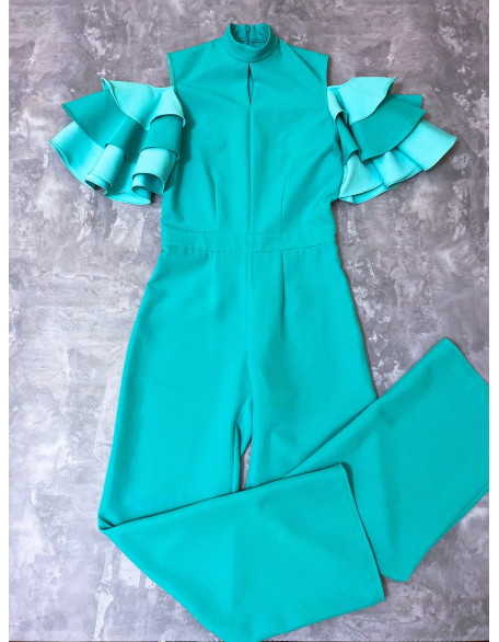 Mint and turquoise pageant jumpsuit/ Cold Shoulders jumpsuit/ Ruffles Turquoise romper/ Girls Interview outfit/ Pageant casual wear