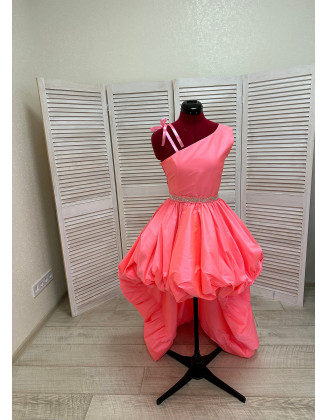 Neon pink taffeta high low one shoulder girls dress/ Fun fashion dress/ Runway dress/ Custom pageant dresses