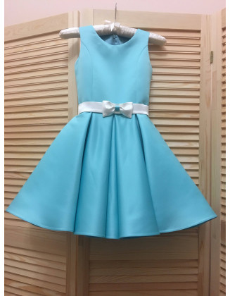 Blue turquoise pageant interview dress with bow belt/ Knee length dress/ Teens Interview outfit /Custom pageant dress