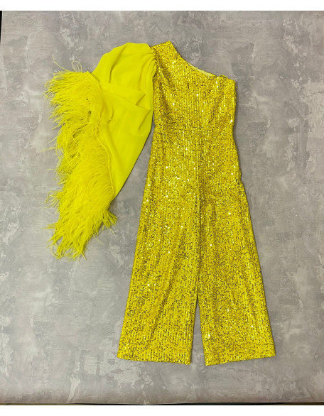 Yellow sequins pageant one sleeve girls jumpsuit with feathers/ Girls pageant runway outfit/ Custom pageant outfit