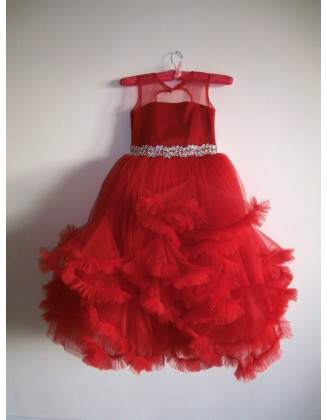 Red tulle fluffy girl dress with crystals belt/ Flower girl dress/ Toddler dress/ Baby pageant dress/Custom girl dress