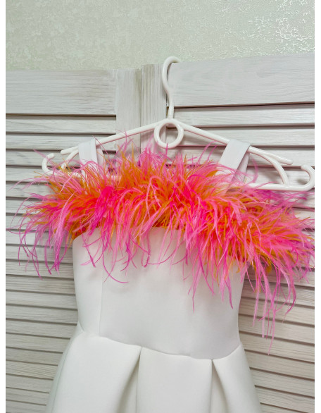 White girl neoprene scuba dress with orange and pink feathers/Girls pageant wear/ Cocktail feathers dress/ Custom pageant outfit