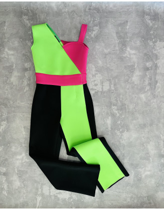 Hot pink black and lime green girl neoprene color block jumpsuit/ Scuba casual outfit/ Girls casual wear/ Custom pageant outfit