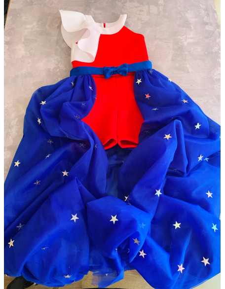 Red white and blue scuba neoprene outfit with stars/ Patriotic romper/ The Fourth of July jumpsuit/ Independence Day girls outfit