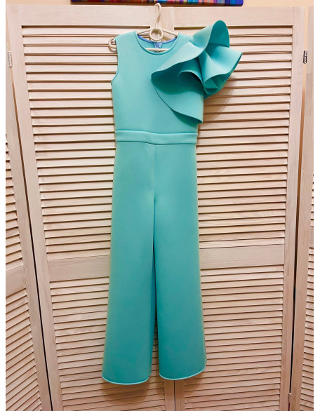 Mint turquoise girl neoprene jumpsuit with ruffle/ Casual romper/ Girls casual wear/ Ruffles romper/ Custom outfit