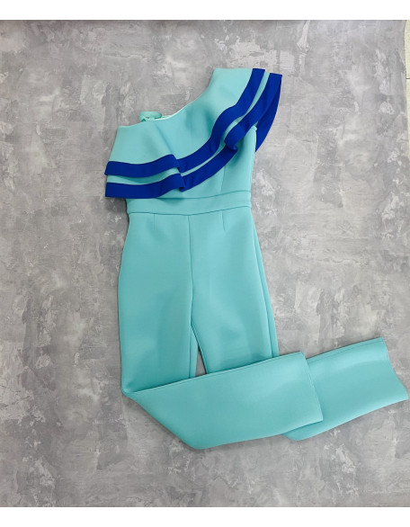 Mint turquoise girl neoprene jumpsuit with ruffles and royal blue trim/ Casual romper/ Girls casual wear/ Ruffles romper/ Custom outfit