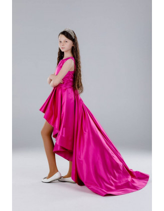 Hot pink pageant high low dress with train /Fun fashion pageant dress /Teens outfit/ Hot pink satin runway outfit/ Custom pageant dress