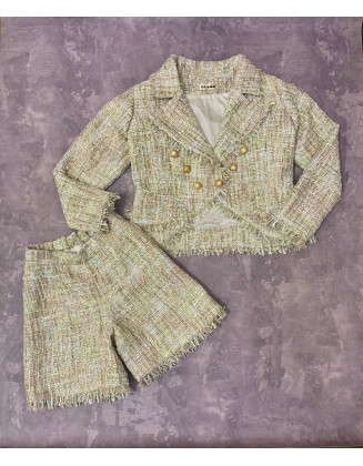 Green gold tweed girls pageant suit/ Tweed jacker and shorts set/ Girls interview outfit/ Pageant casual wear/ Custom pageant outfit