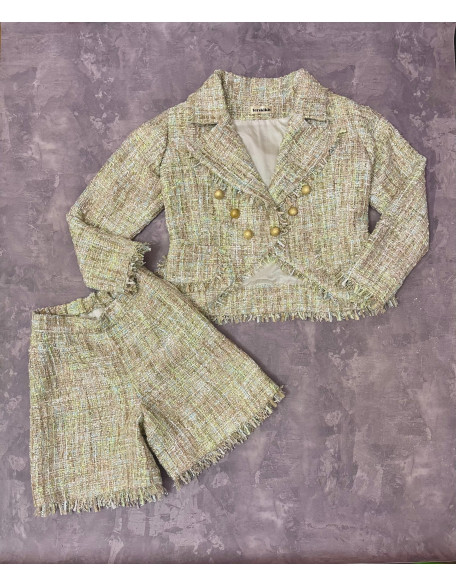 Green gold tweed girls pageant suit/ Tweed jacker and shorts set/ Girls interview outfit/ Pageant casual wear/ Custom pageant outfit