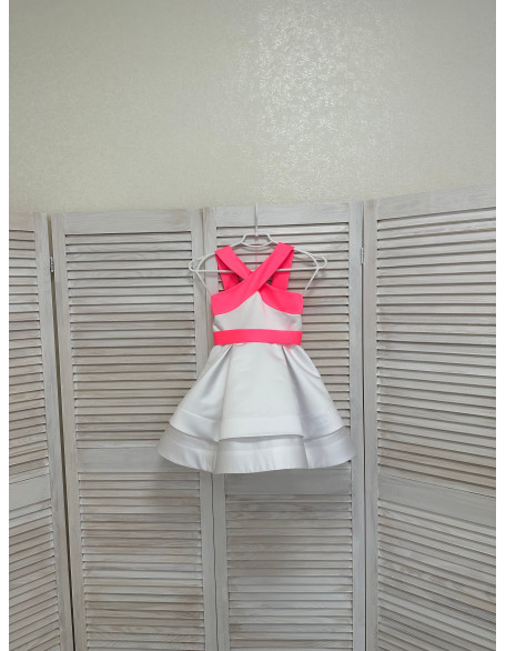 White pageant cocktail dress with pink straps and bow belt/ Pageant outfit/ Teens cocktail dress/  Custom pageant dresses