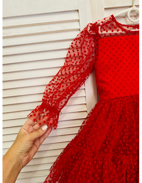 Red polka dots tulle girl pageant cocktail dress with sleeves/ Pageant outfit/ Cocktail dress/  Custom pageant dresses