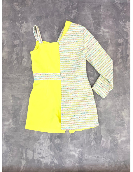 Hot yellow asymmetrical rainbow tweed girls pageant romper with one sleeve/ Girls casual outfit/ Pageant casual wear/ Custom pageant outfit